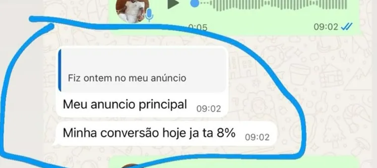 Aluno contando que a conversão do anúncio principal já está em 8%