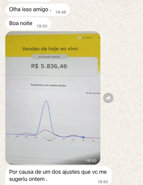 Aluno mostrando R$ 5.836 em vendas no dia, após um ajuste sugerido na mentoria