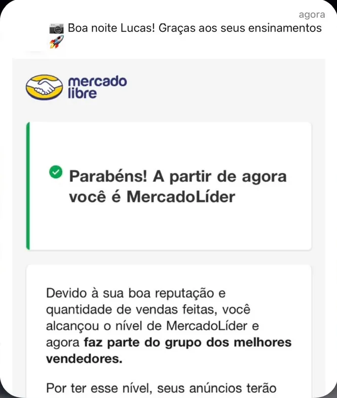 Aluna recebendo o e-mail do Mercado Livre: agora é MercadoLíder